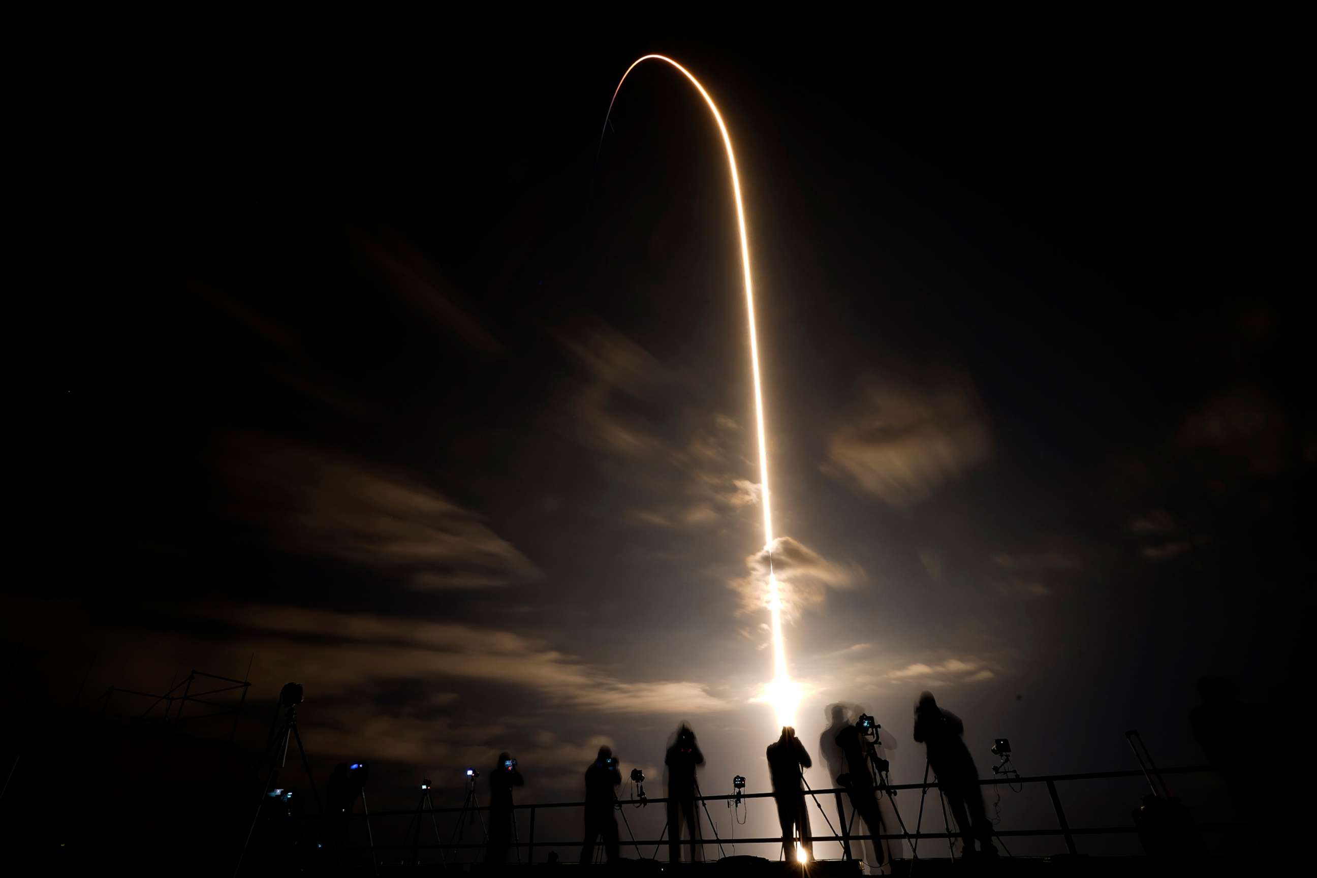 PHOTO: A SpaceX Falcon 9 lifts off in this time exposure from Launch Complex 39A, April 23, 2021, at the Kennedy Space Center in Cape Canaveral, Fla.