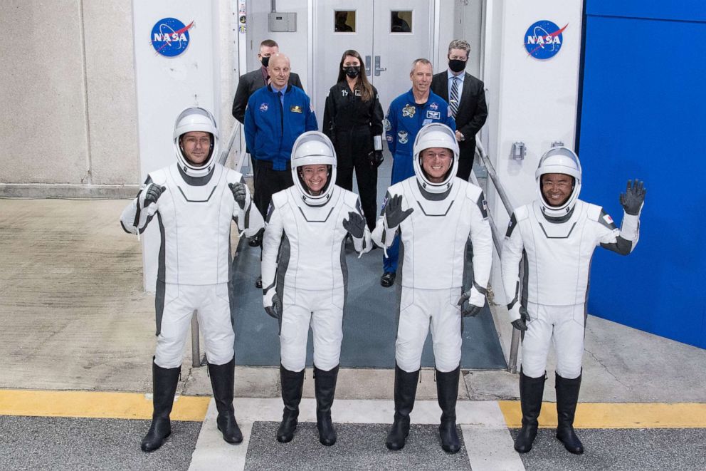 PHOTO: NASA crew-2 walks out for launch from the Kennedy Space Center, Fla., April 23, 2021.