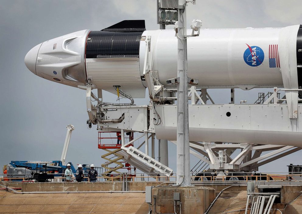 PHOTO: The SpaceX Falcon 9, with Dragon crew capsule is serviced on Launch Pad 39-A May 26, 2020, at the Kennedy Space Center in Cape Canaveral, Fla.