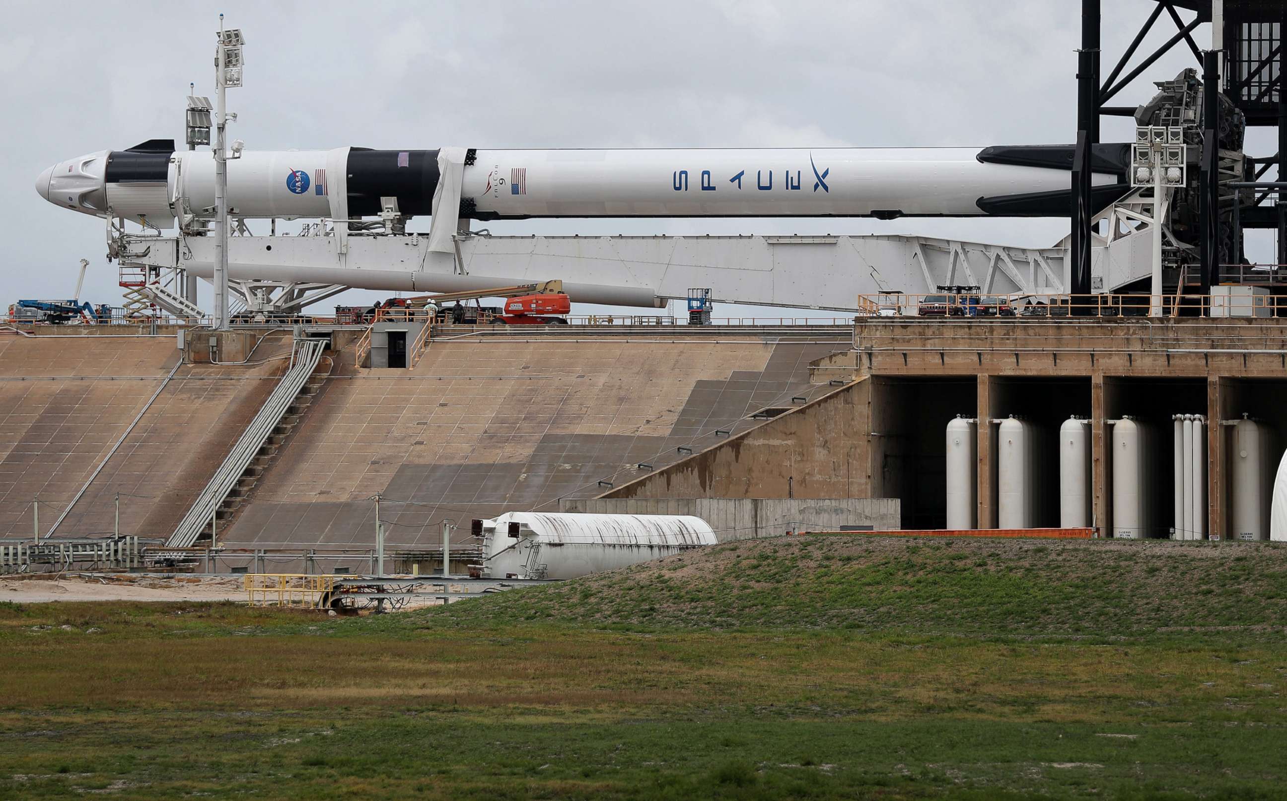 PHOTO: The SpaceX Falcon 9, with Dragon crew capsule is serviced on Launch Pad 39-A May 26, 2020, at the Kennedy Space Center in Cape Canaveral, Fla.