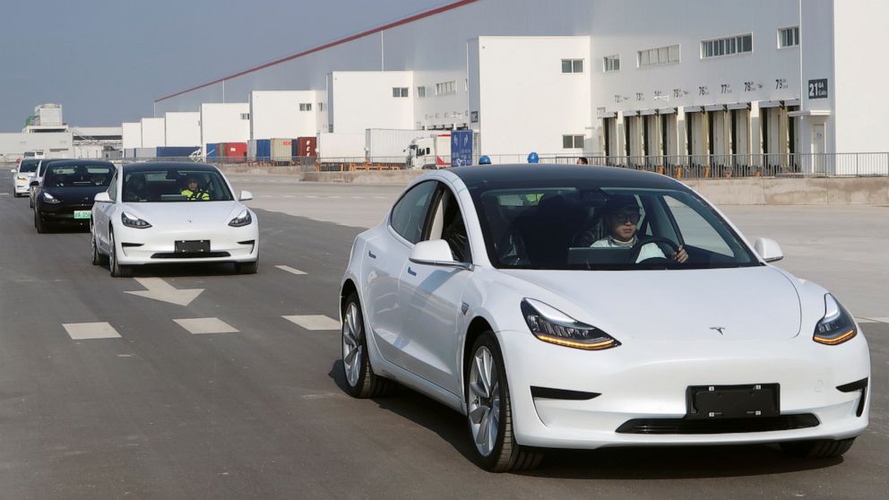 PHOTO: China-made Tesla Model 3 vehicles are seen at the Shanghai Gigafactory of the U.S. electric car maker in Shanghai, China, Dec. 30, 2019. 