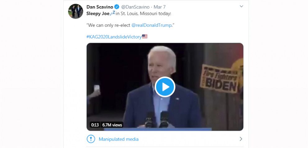 PHOTO: A tweet posted by White House social media director Dan Scavino that has been labeled as manipulated media by Twitter. 
