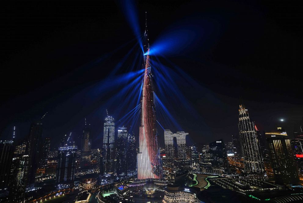 PHOTO: Dubai's Burj Khalifa is lit up in the shape of a space rocket on Feb. 9, 2021, as the UAE's Al-Amal probe successfully entered Mars' orbit, making history as the Arab world's first interplanetary mission.
