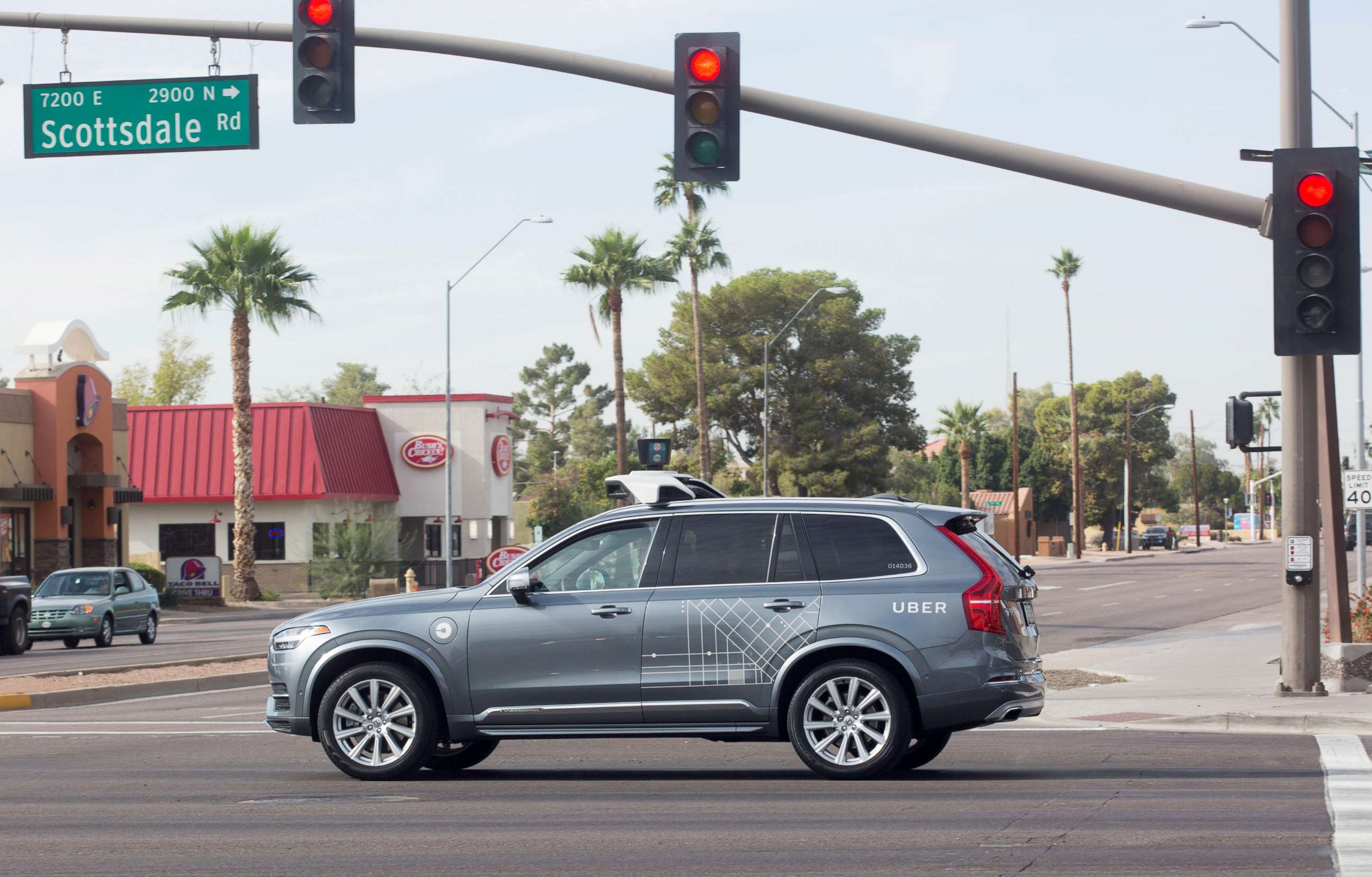 PHOTO: A self driving Volvo vehicle owned by Uber moves through an intersection in Scottsdale, Ariz., Dec. 1, 2017.