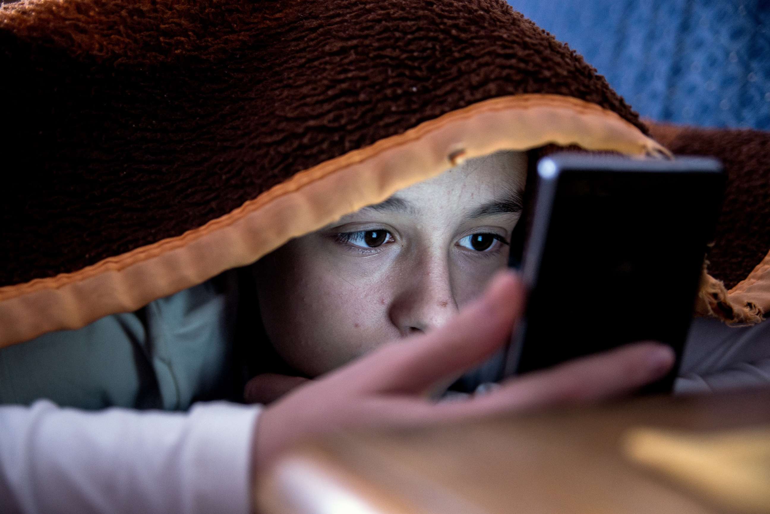 PHOTO: An undated stock photo depicts a young woman looking at her phone with her head under a blanket.