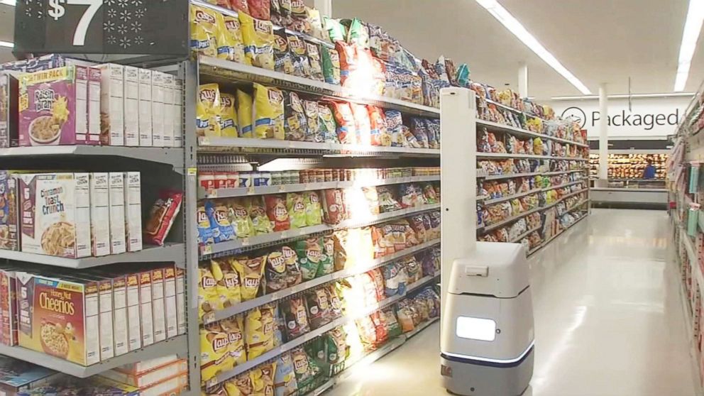 PHOTO: Robots that are made by manufacturer Bossanova can monitor out-of-stock and low stock items by scanning price tags in this California Walmart store.