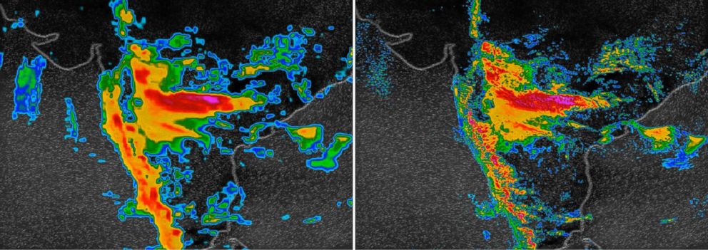 PHOTO: Two images of an August 2018 monsoon in India: At left, a weather model operating at 13-kilometer resolution. At right, the new IBM Global High-Resolution Atmospheric Forecasting System, which operates at 3-km resolution and updates more often.