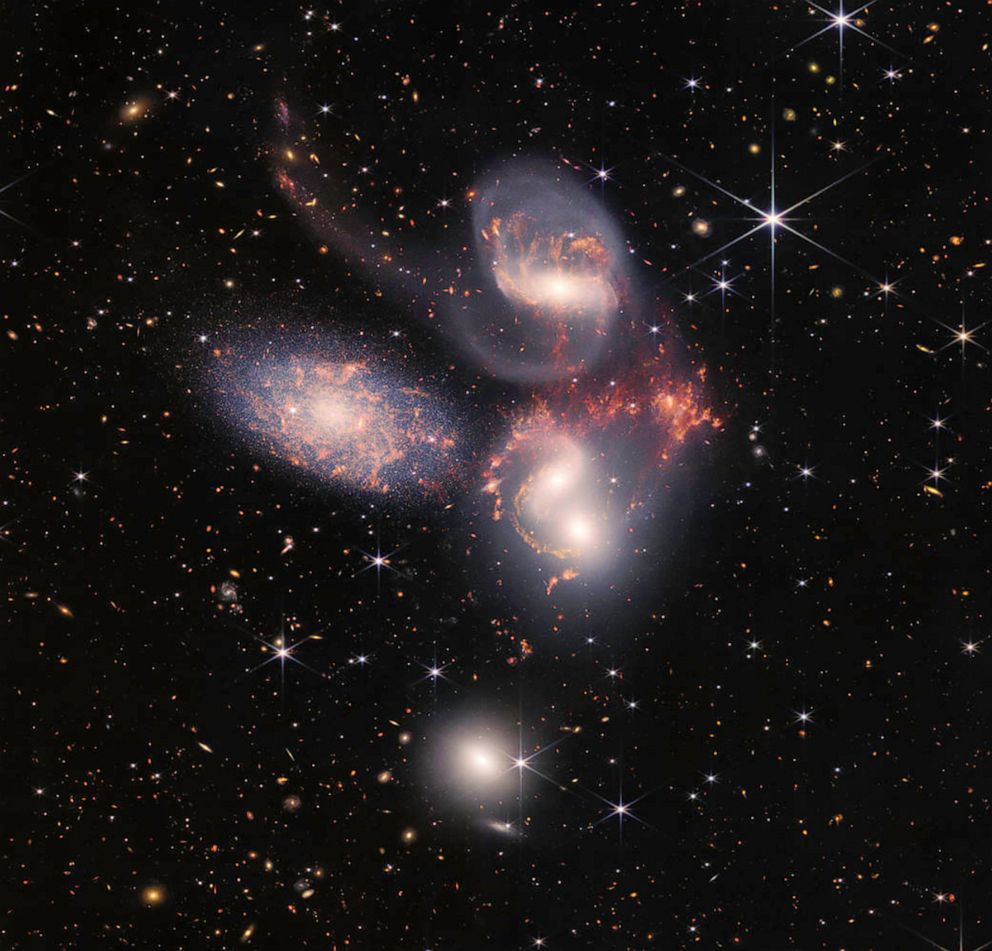PHOTO: NASA's James Webb Space Telescope reveals Stephan's Quintet in a new light. A visual grouping of five galaxies, is best known for being prominently featured in the holiday classic film, "Its a Wonderful Life."