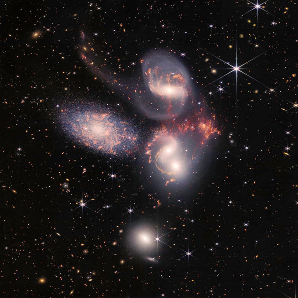 PHOTO: NASA's James Webb Space Telescope reveals Stephan's Quintet in a new light. A visual grouping of five galaxies, is best known for being prominently featured in the holiday classic film, "Itâs a Wonderful Life."