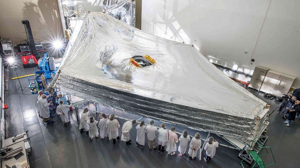 PHOTO: The Sunshield test unit to be used on NASA's James Webb Space Telescope is stacked and expanded at a cleanroom in the Northrop Grumman facility in Redondo Beach, California.