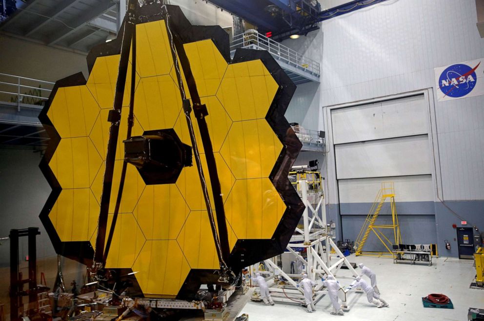 PHOTO: The James Webb Space Telescope Mirror is seen during a media unveiling at NASA's Goddard Space Flight Center at Greenbelt, Maryland, Nov. 2,  2016.
