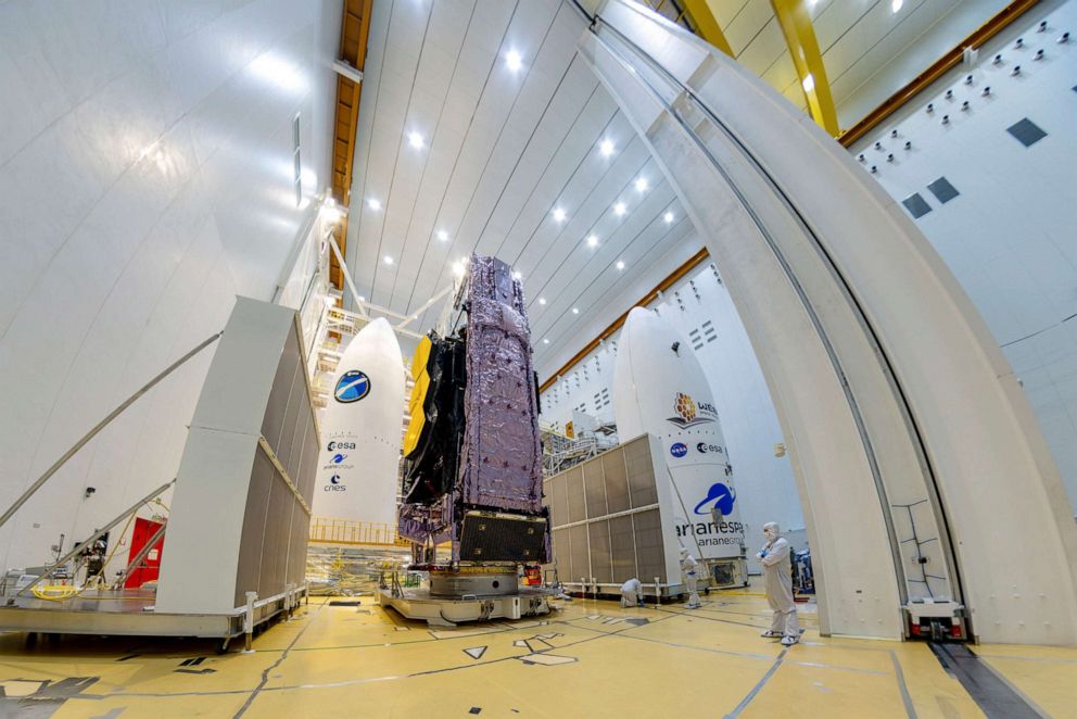 PHOTO: The NASA James Webb Space Telescope is mounted on top of the Ariane 5 rocket that will launch it from Europe's Spaceport in French Guiana.