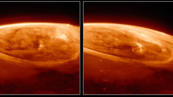 This image provided by NASA shows new details of the auroras on Jupiter captured by the James Webb Space Telescope. (NASA via AP)