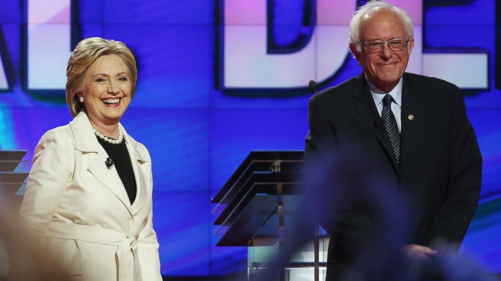 PHOTO: Democratic presidential candidates Hillary Clinton and Sen. Bernie Sanders at the CNN Democratic Presidential Primary Debate at the Duggal Greenhouse in the Brooklyn Navy Yard, April 14, 2016 in New York.