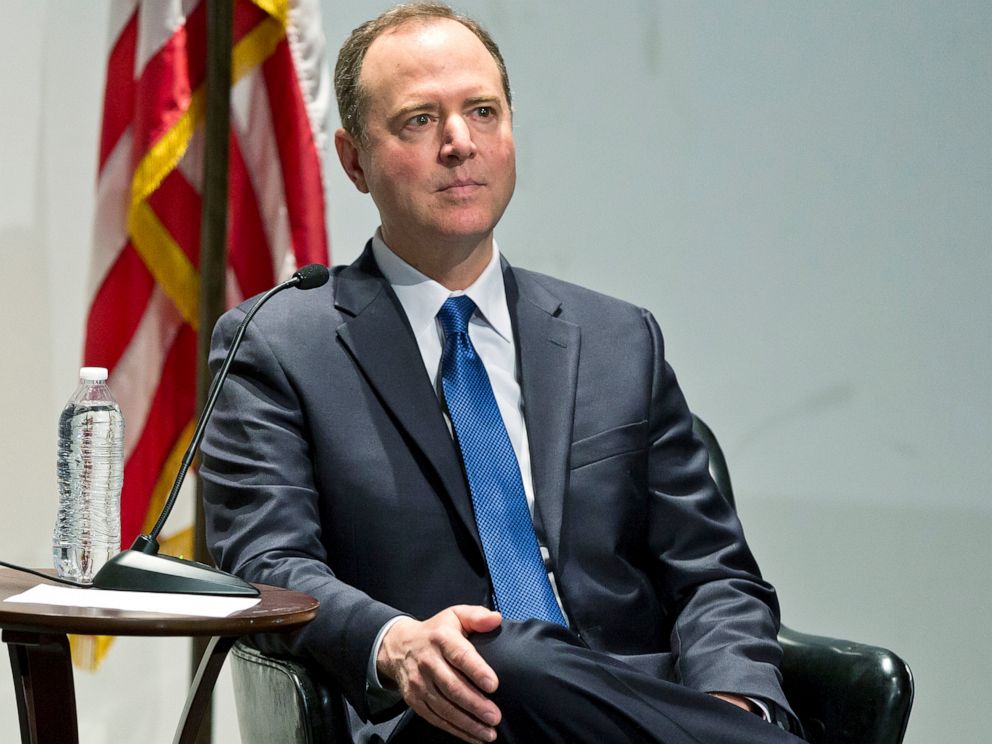 PHOTO: Rep. Adam Schiff listens to public questions on impeachment at Los Angeles Police Headquarters Thursday, May 30, 2019. 