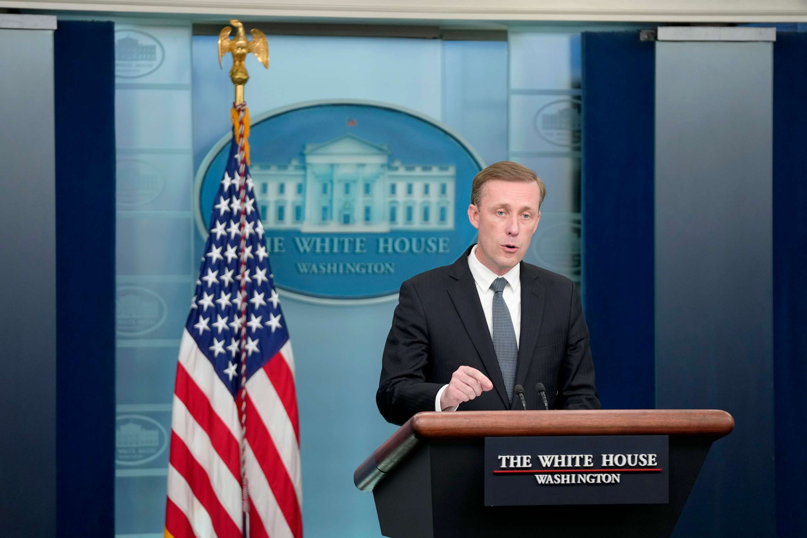 PHOTO: White House national security adviser Jake Sullivan speaks during a press briefing at the White House, on July 7, 2023, in Washington, D.C.