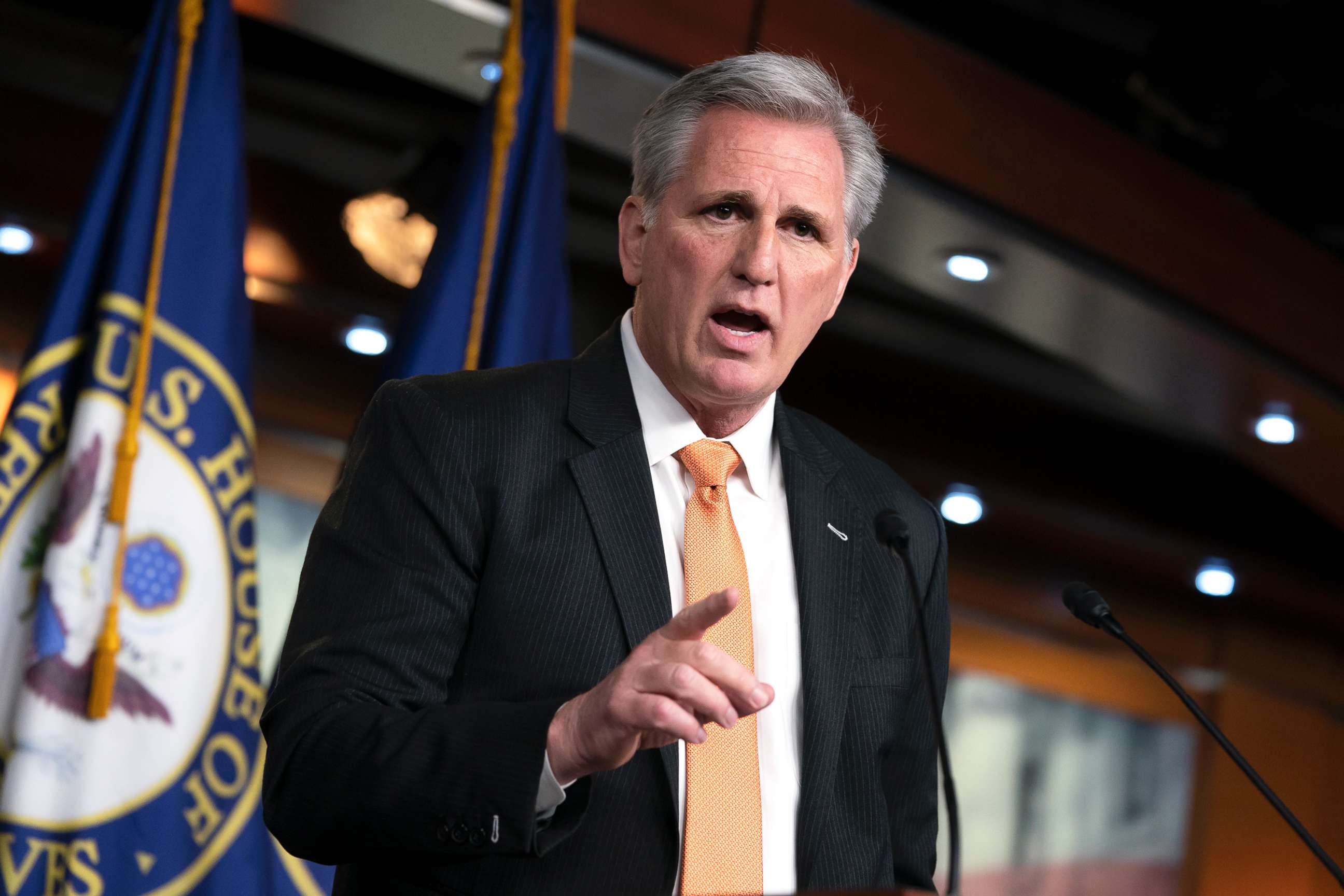 PHOTO: House Minority Leader Kevin McCarthy meets with reporters on Capitol Hill in Washington Feb. 28, 2019.