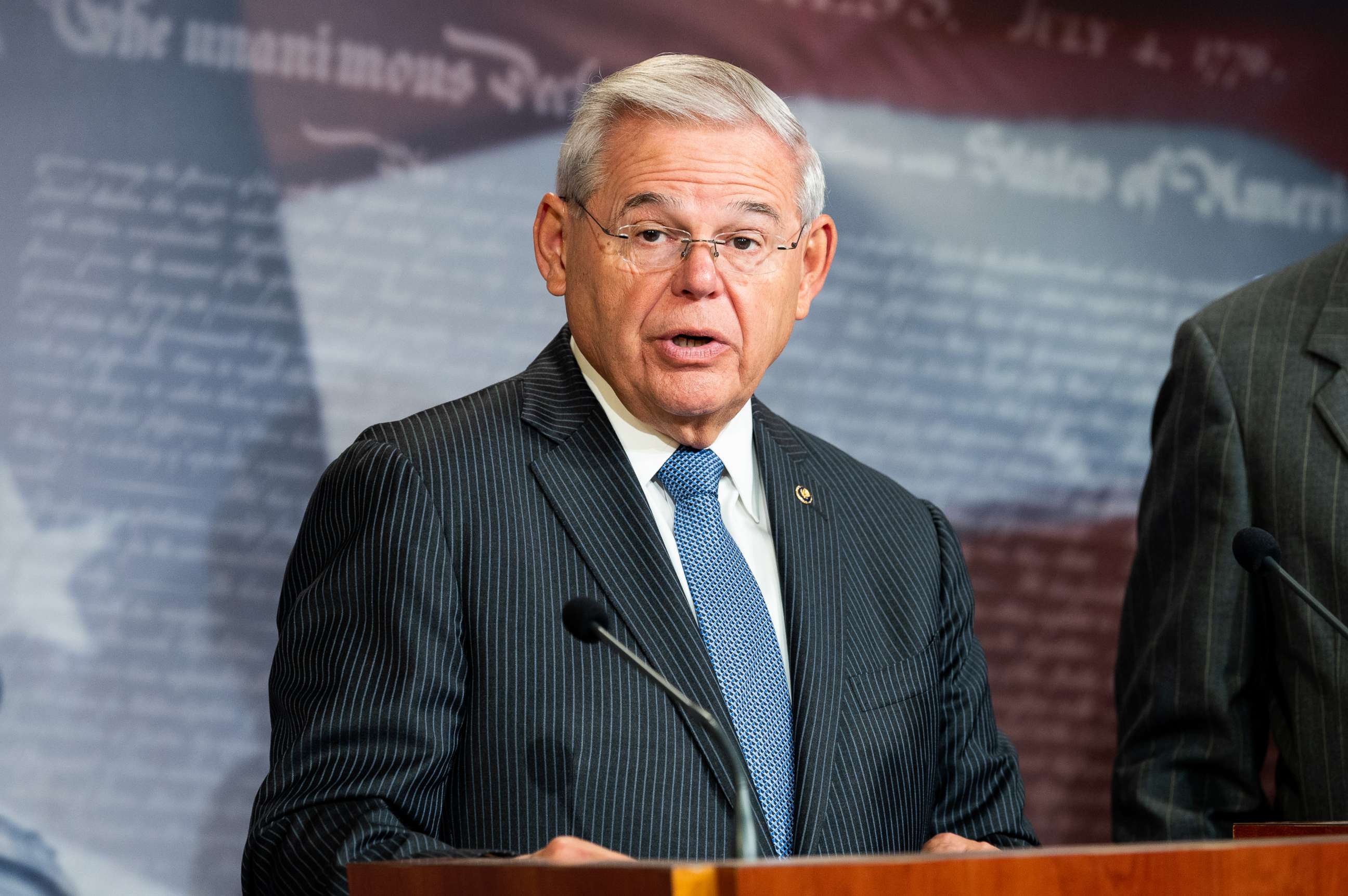 PHOTO: U.S. Senator Bob Menendez speaks during a press conference to advocate for the Save Our Seas 2.0 Act at the US Capitol in Washington, DC.