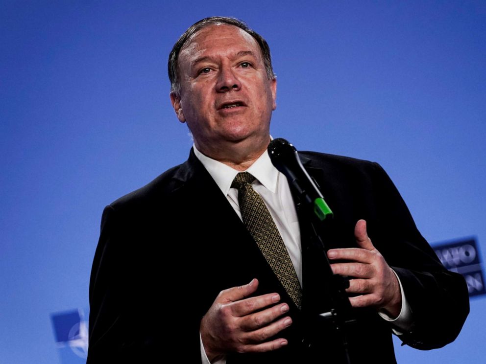 PHOTO: U.S. Secretary of State Mike Pompeo briefs media at NATO headquarters in Brussels, Belgium October 18, 2019.
