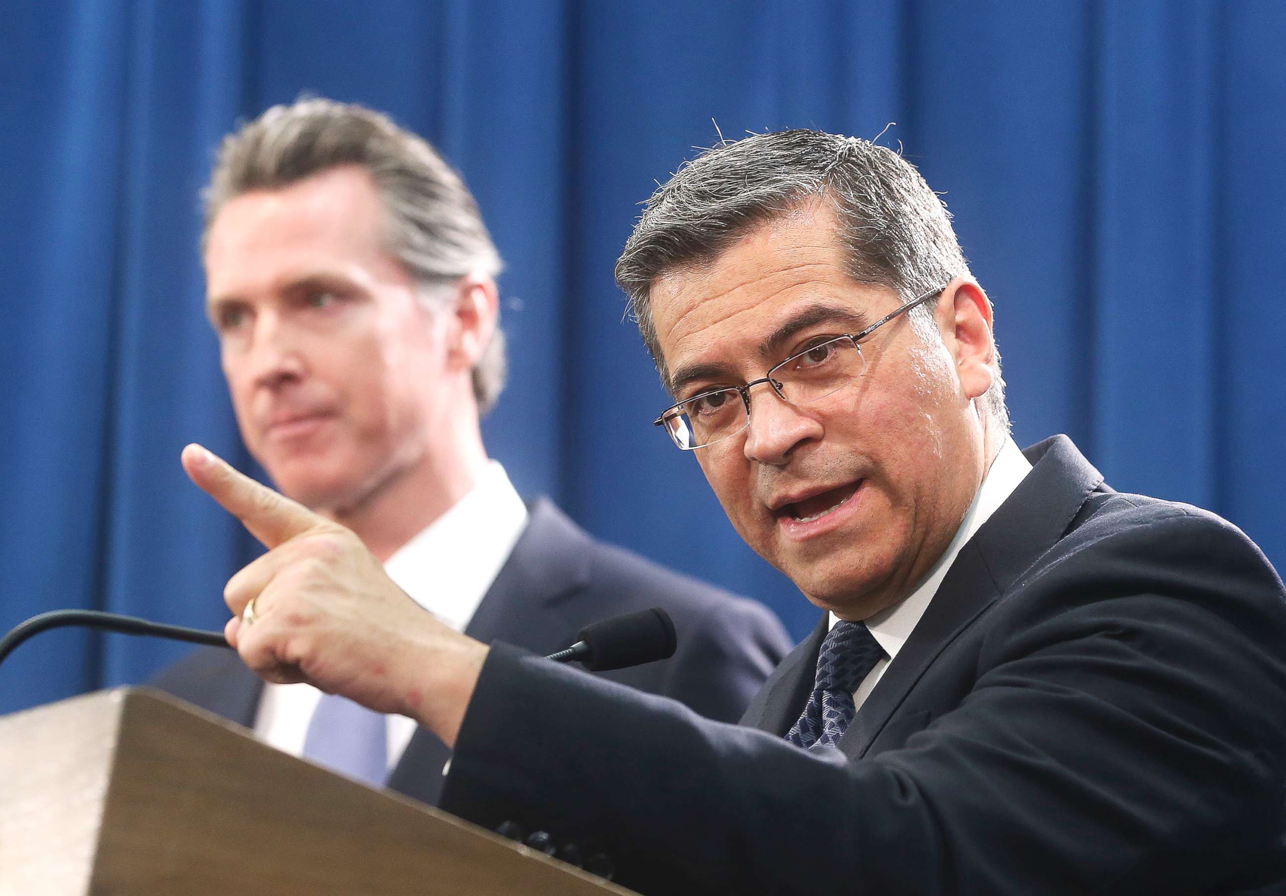 PHOTO: California Attorney General Xavier Becerra, right, said California will probably sue President Donald Trump over his emergency declaration to fund a wall on the U.S.-Mexico border in Sacramento, Calif. Feb. 15, 2019.