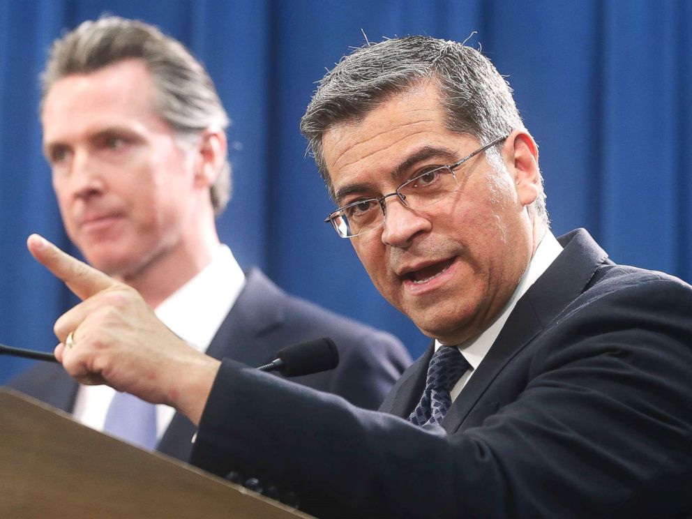 PHOTO: California Attorney General Xavier Becerra, right, said California will probably sue President Donald Trump over his emergency declaration to fund a wall on the U.S.-Mexico border in Sacramento, Calif. Feb. 15, 2019.