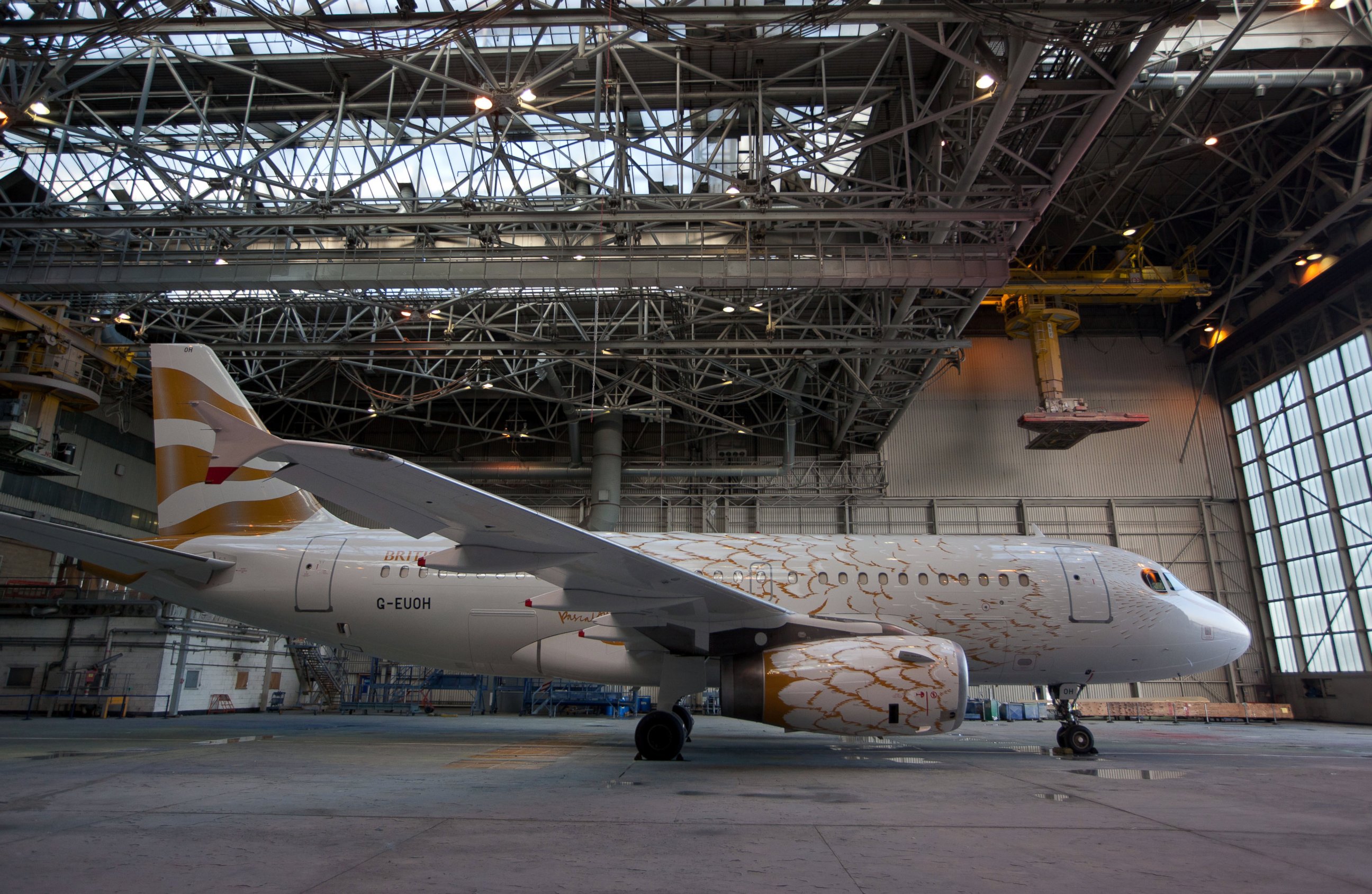 PHOTO: A British Airways Airbus A319 aircraft displaying 'The Dove' celebratory Olympics livery stands in a hangar at Heathrow airport in London, April 3, 2012.