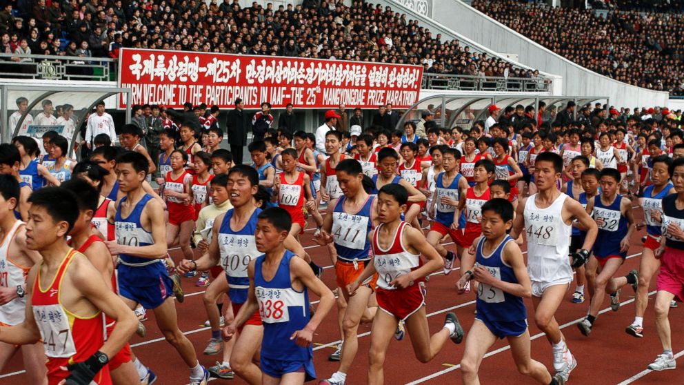 In this file photo, runners take part in the Pyongyang Marathon on Apr. 8, 2012 in Pyongyang, North Korea. 