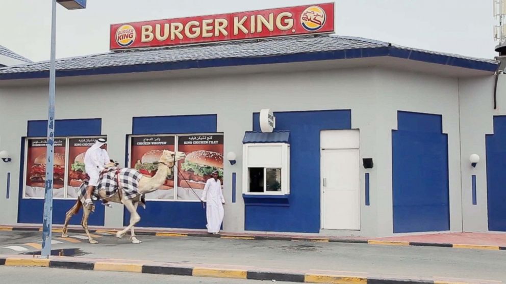 Why is this man riding a camel through a Burger King drive through? Staff at the fast food chain in Doha, Qatar were stunned when stand up comedian Hamad Al Marri rode up to the service window on the back of a camel and ordered a cheeseburger. 