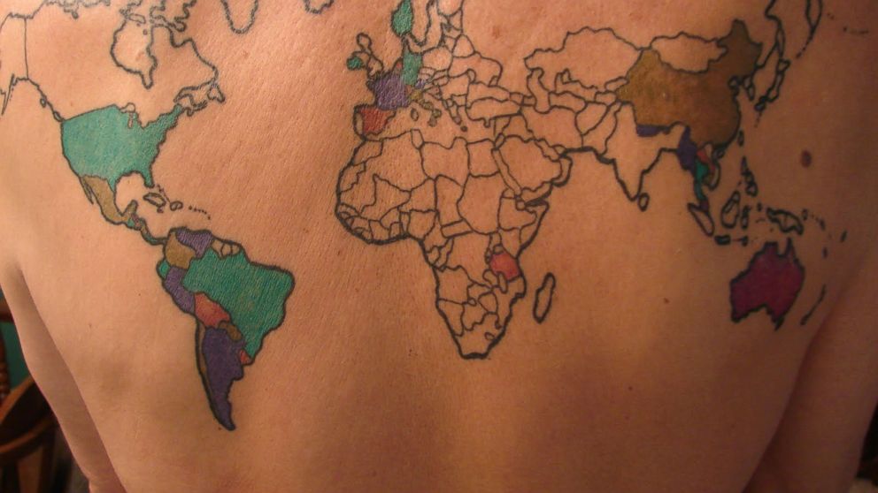 Bill Passman's tattoo is seen after filling in some of the countries he has visited.