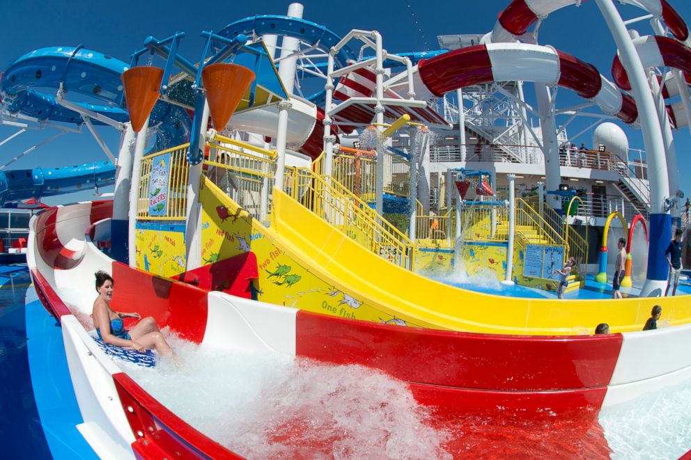 PHOTO: A guest slides down the Cat in the Hat water slide, that is a facet of the Dr. Seuss WaterWorks Park on board the Carnival Horizon. 