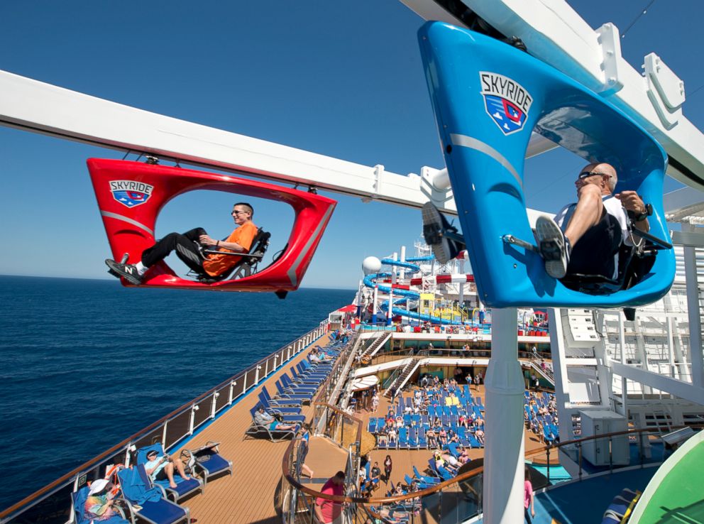 PHOTO: Guests aboard the Carnival Horizon pedal a SkyRide vehicle around much of the 133,500-ton cruise liner.