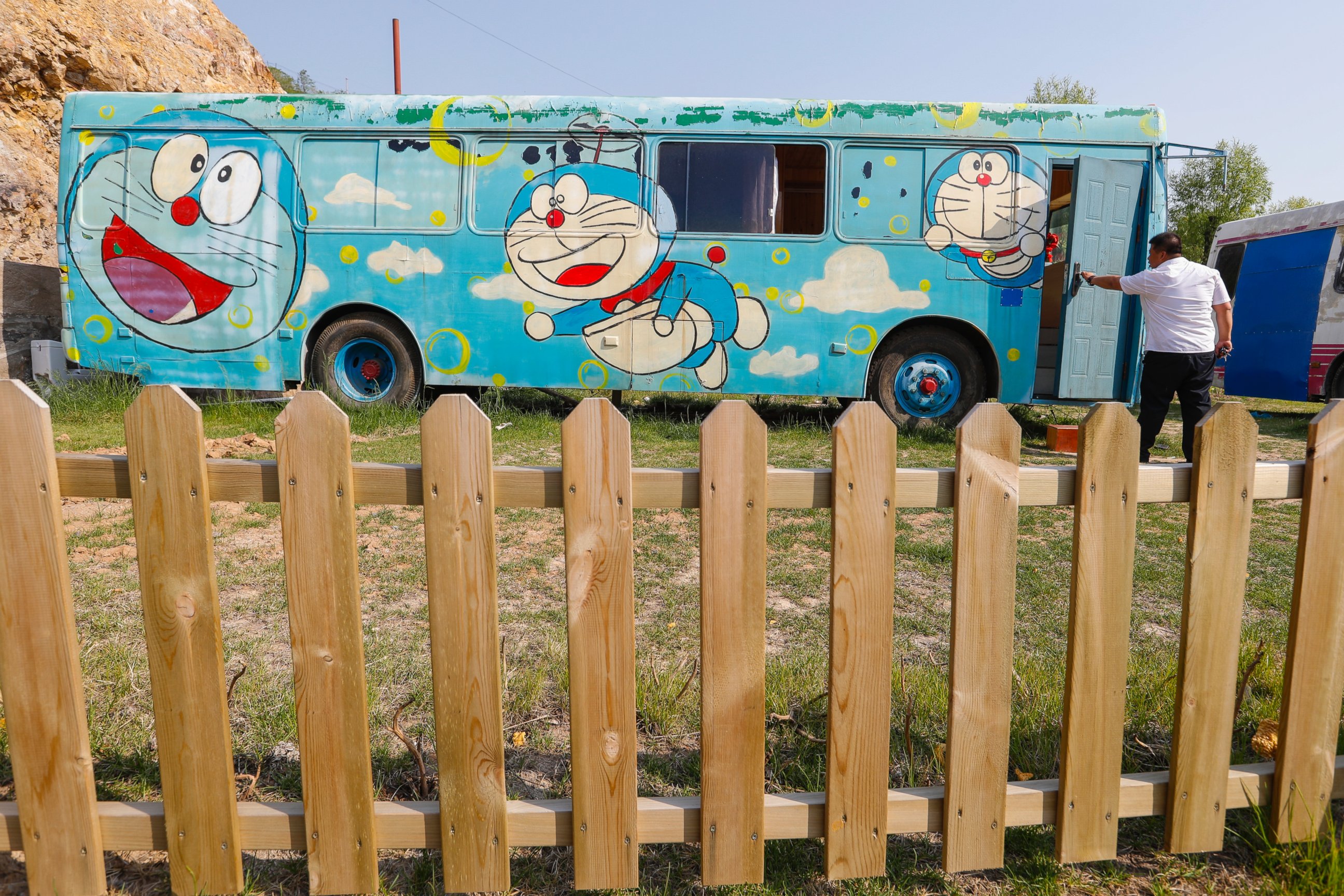 PHOTO: The external decoration of Doraemon themed recreational vehicles at a resort, May 29, 2016, in Taiyuan, China. 