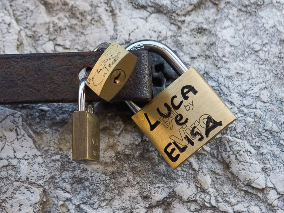 PHOTO: Love Locks are pictured attached to a wall on the Rialto Bridge on Aug. 23, 2011 in Venice, Italy.