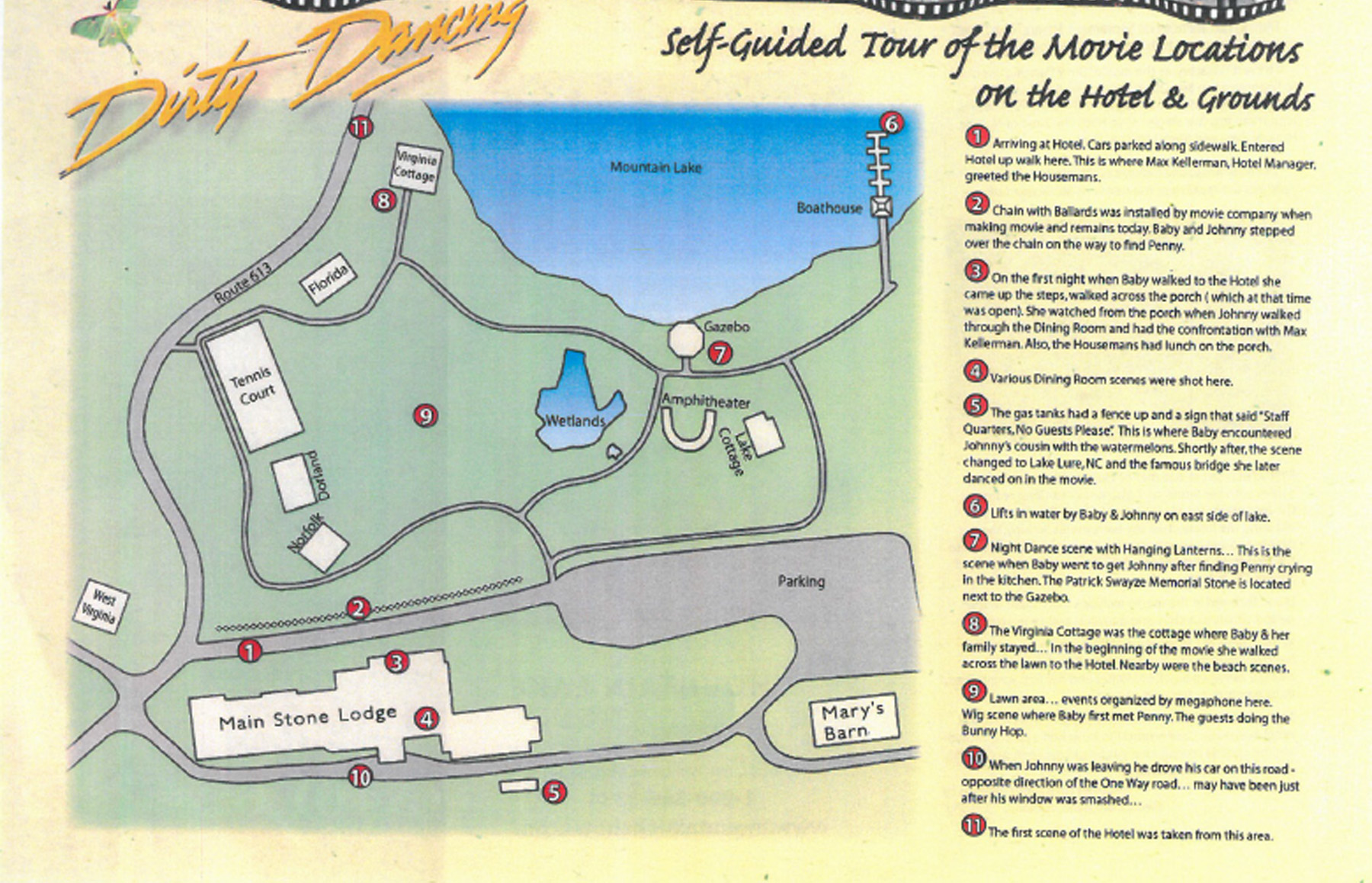 PHOTO: A map showing the grounds of the hotel. Guests can stroll along the lake where Johnny practices the lift that was part of his and Baby's big dance finale performed at the very end of the film.