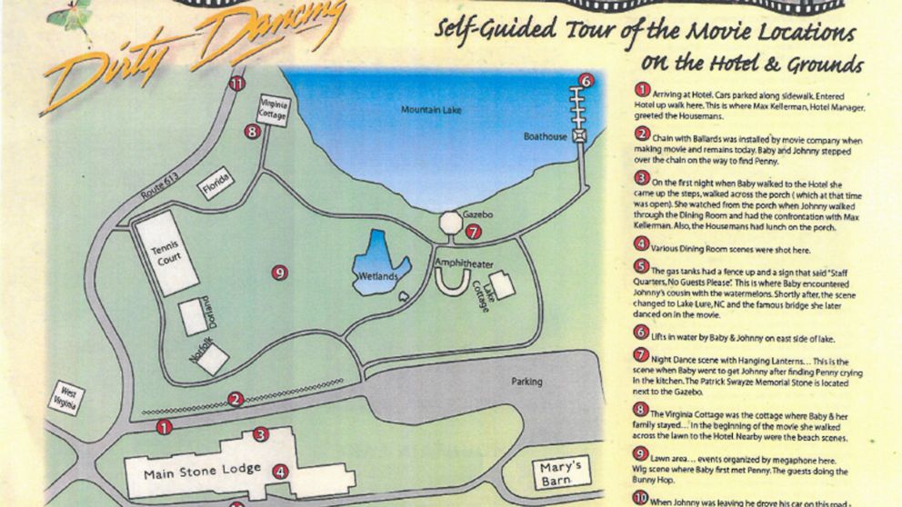 PHOTO: A map showing the grounds of the hotel. Guests can stroll along the lake where Johnny practices the lift that was part of his and Baby's big dance finale performed at the very end of the film.