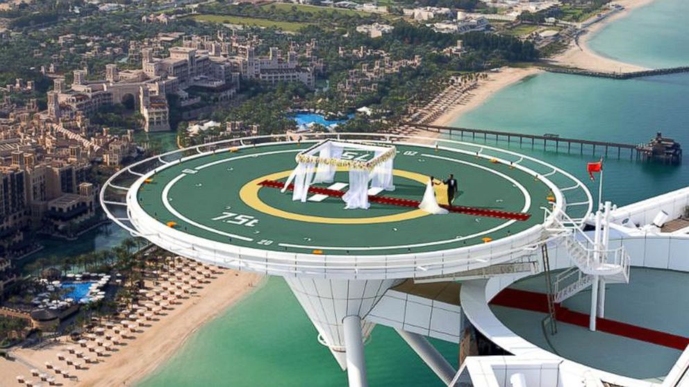 Dubai's famous ultra-luxe hotel now offers guests the opportunity to get married on its helipad above the Arabian Gulf. 