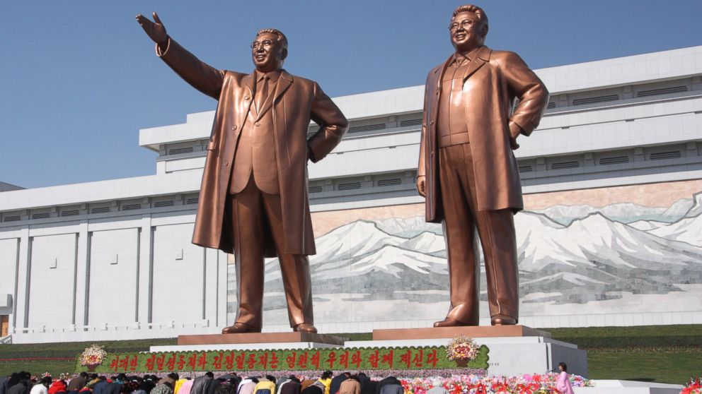 The statues of Kim Il Sung, left, and Kim Jong Il on Mansu Hill in Pyongyang, April 17, 2012.