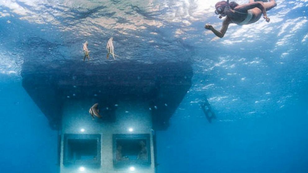 The Underwater Room at the Manta Resort is Africa's first underwater hotel space.