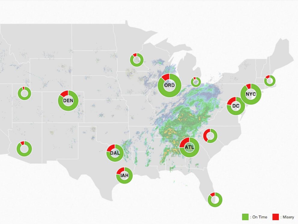 PHOTO: Weather Map shown on the FlightAware Misery Map.