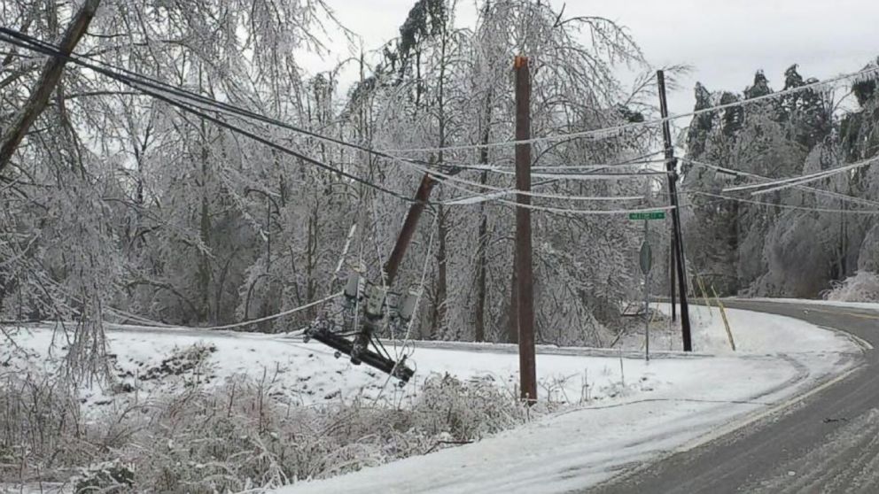 PHOTO: Significant icing across Monterey, Tenn. weighed down trees and snapped power lines blocking roads in the area. 