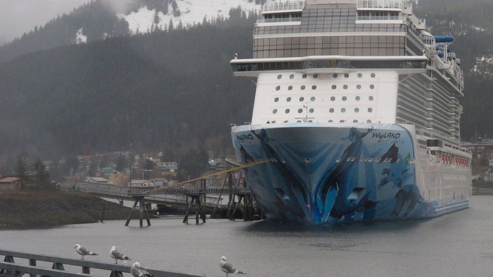 The cruise ship Norwegian Bliss is shown docked in Juneau, Alaska on Monday, April 25, 2022. It is the first large cruise ship of the season to arrive in Alaska. (AP Photo/Becky Bohrer)