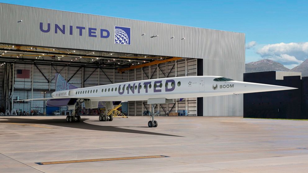 This photo provided by Boom Supersonic shows an artist’s rendition of United Airlines Boom Supersonic Overture jet. United said Thursday, June 3, 2021 that it reached a deal with startup aircraft maker Boom Supersonic to buy 15 of Boom's Overture jet