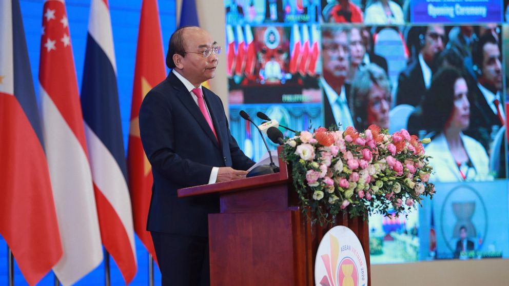 Vietnamese Prime Minister Nguyen Xuan Phuc delivers a speech at the opening ceremony of the 36th ASEAN Summit in Hanoi, Vietnam Friday, June 26, 2020. Leaders from the Southeast Asian ten-nation bloc hold the bi-annual summit via online video confere
