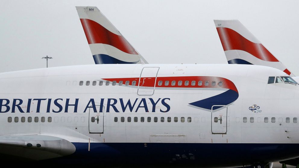 FILE - In this Tuesday, Jan. 10, 2017, file photo, British Airways planes are parked at Heathrow Airport in London. ﻿﻿﻿﻿﻿﻿﻿﻿A British Airways plane flew between New York and London in less than five hours, landing early Sunday, Feb. 9, 2020, at Heath