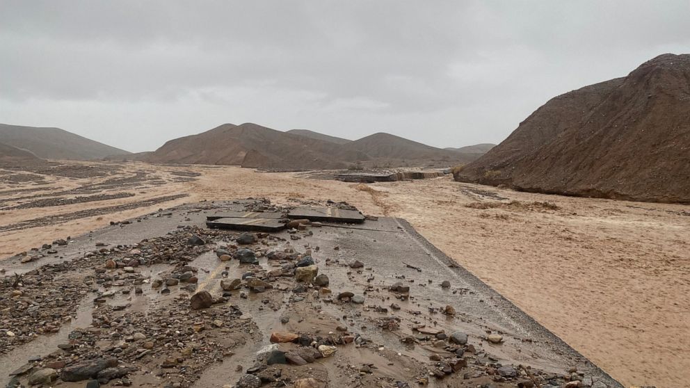In this photo provided by the National Park Service, Mud Canyon Road is closed due to flash flooding in Death Valley, Calif., Friday, Aug. 5, 2022. Heavy rainfall triggered flash flooding that closed several Death Valley National Park roads on Friday