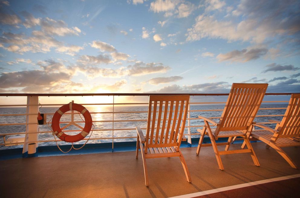 PHOTO: Deck chairs and a life saver ring are pictured on a cruise ship deck in this undated stock photo.