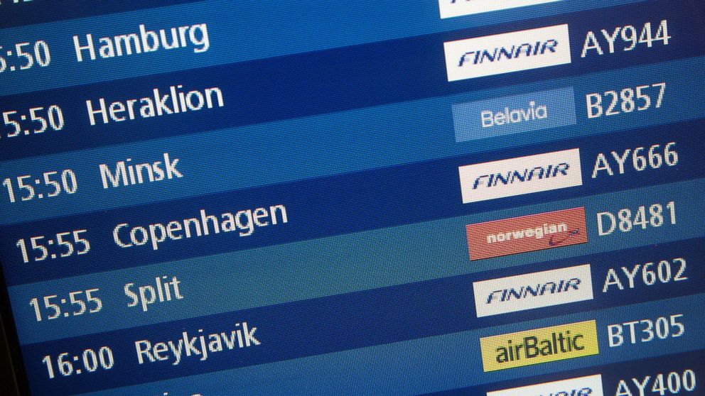 A display board indicates the scheduled arrival of Finnair flight 666 from Copenhagen, Denmark to Helsinki, Finland, Oct. 13, 2017.