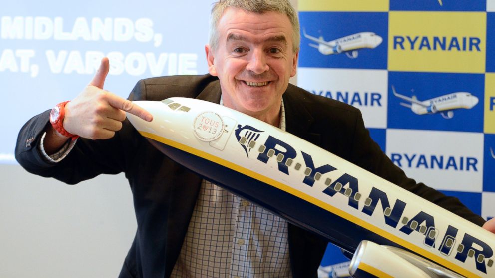 Chief executive officer of Irish airline Ryanair Michael O'Leary leans on a model Ryanair airplane, Jan. 16, 2013 during a press conference in Vitrolles, France. 