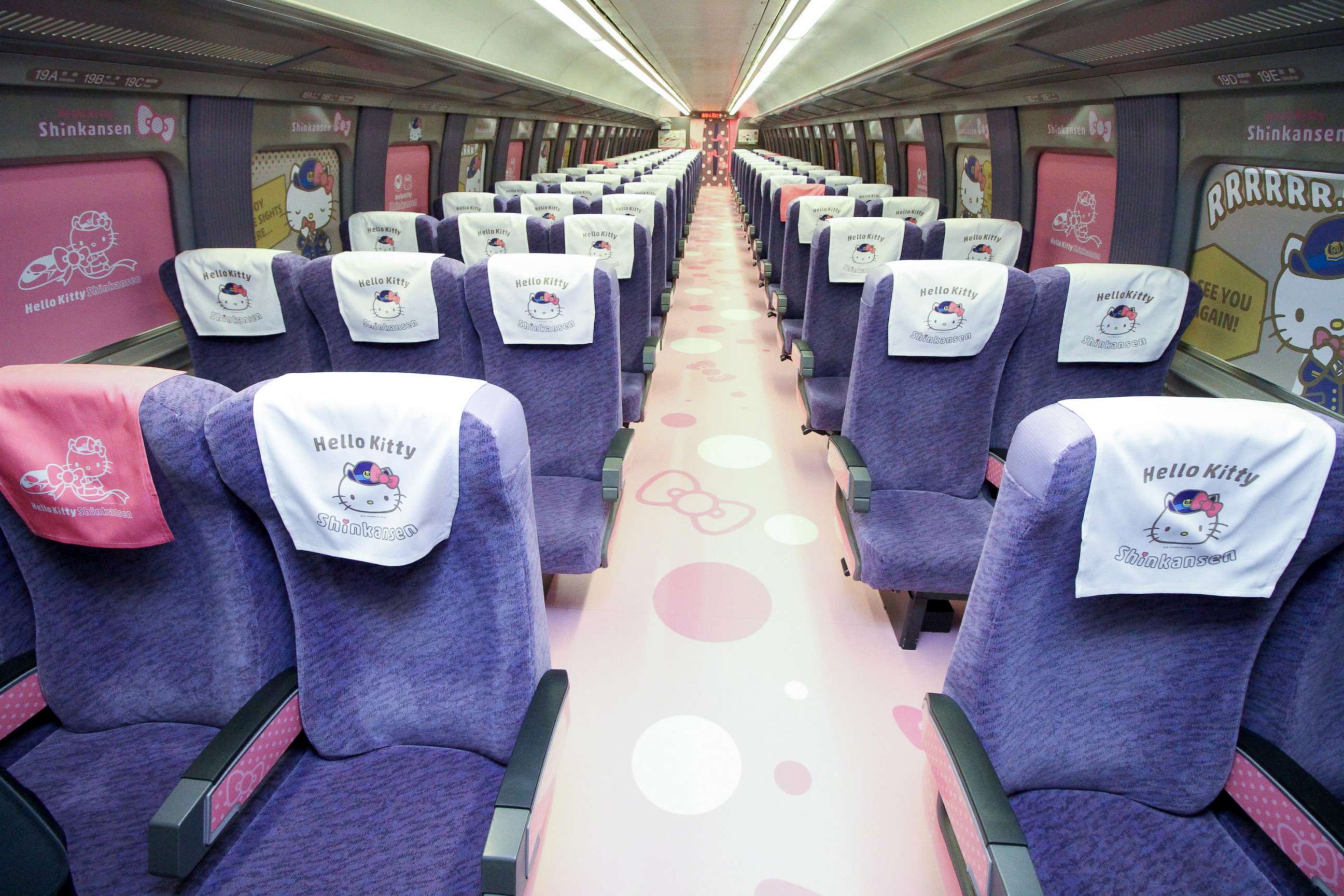 PHOTO: The interior of a Shinkansen train adorned with images of popular character Hello Kitty, at the Hakata car maintenance center in Fukuoka prefecture, June 25, 2018, in a photo released by West Japan Railway.
