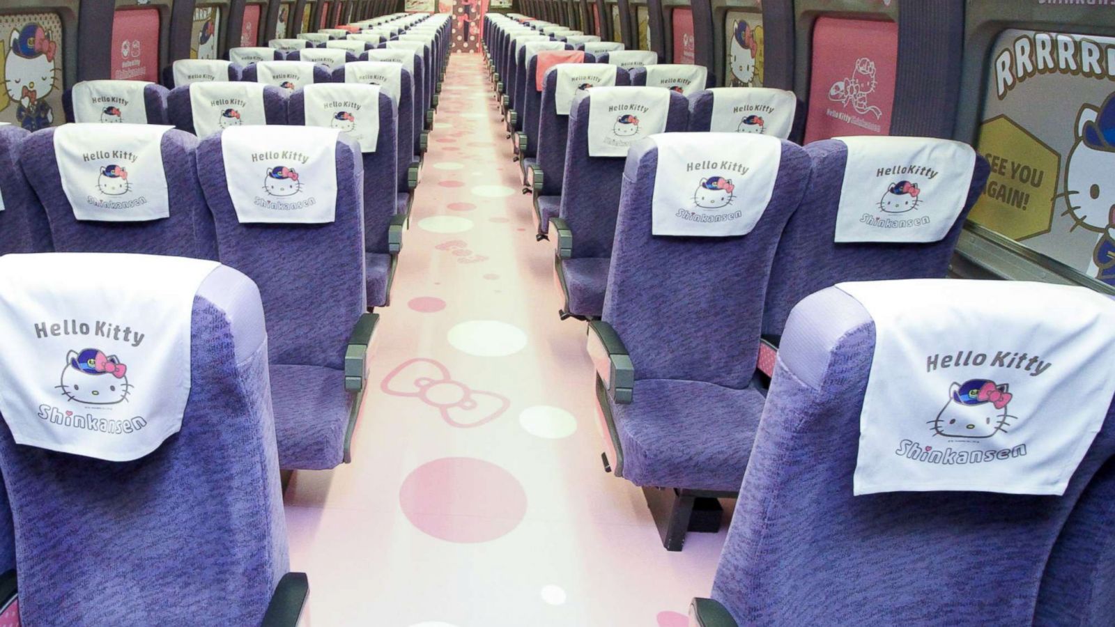 PHOTO: The interior of a Shinkansen train adorned with images of popular character Hello Kitty, at the Hakata car maintenance center in Fukuoka prefecture, June 25, 2018, in a photo released by West Japan Railway.